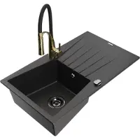 Mexen Cesar 1 Becken-Granitspüle mit Abtropffläche und Mischbatterie Aster, Schwarz/Silbermetallic - 6514-73-73450-57-B