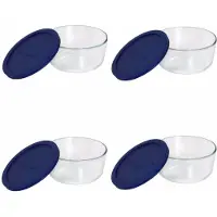 Pyrex Storage Plus Runde Frischhalteschale aus Glas f r 7 Tassen, blaue Kunststoffdeckel (4er-Pack), hergestellt in den USA