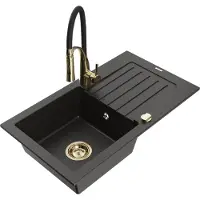 Mexen Pablo 1 Becken-Granitspüle mit Abtropffläche und Mischbatterie Aster, Schwarz/Gold metallisch - 6510-75-73450-57-G
