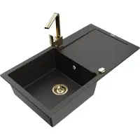 Mexen Leo 1 Becken-Granitspüle mit Abtropffläche und Mischbatterie Rita, Schwarz/Gold metallisch - 6501-75-670300-50