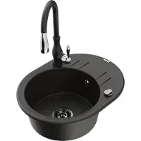 Mexen Kevin 1 Becken-Granitspüle mit Abtropffläche und Mischbatterie Savita, Schwarz/Gold metallisch - 6517-75-672601-70-B