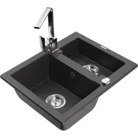 Mexen Carlos 1,5-Becken-Granitspüle mit Mischbatterie Rita, Schwarz gesprenkelt - 6518-76-670300-00
