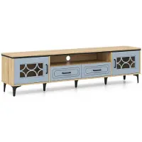 Helloshop26 TV-Möbel - - 180,5x35x46 cm - Eiche und grau-blau - Vielseitige Aufbewahrung - Metallfüße