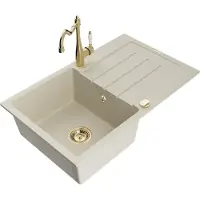 Mexen Bruno 1 Becken-Granitspüle mit Abtropffläche und Mischbatterie Carla, Beige - 6513-69-670700-50