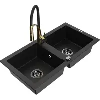 Mexen Mario 2-Becken-Granitspüle mit Mischbatterie Aster, Schwarz - 6504-77-73450-57-B