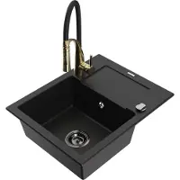 Mexen Enzo 1 Becken-Granitspüle mit Abtropffläche und Mischbatterie Aster, Schwarz - 6506-77-73450-57-B