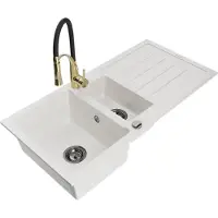 Mexen Andres 1,5-Becken-Granitspüle mit Abtropffläche und Mischbatterie Aster, Weiß - 6515-20-73450-57-B