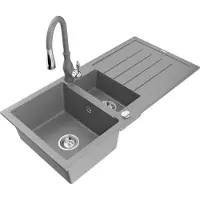 Mexen Andres 1,5-Becken-Granitspüle mit Abtropffläche und Mischbatterie Savita, Grau - 6515-71-672601-71