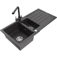Mexen Andres 1,5-Becken-Granitspüle mit Abtropffläche und Mischbatterie Duero, Schwarz gesprenkelt - 6515-76-671600-76