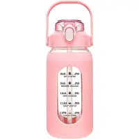 Jojomino 64Oz Glaswasserflaschen mit Strohhalm, Flaschensilikonhülle und Zeitmarkierung, für Fitnessstudio, Zuhause, Büro, Pink