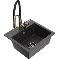 Mexen Milo 1-Becken-Granit-Spüle mit Mischbatterie Aster, Schwarz gesprenkelt - 6505-76-73450-57-B