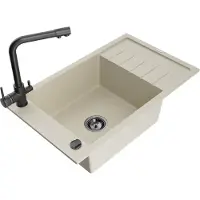 Mexen Elias 1 Becken-Granitspüle mit Abtropffläche und Mischbatterie Duero, Beige - 6511-69-671600-70