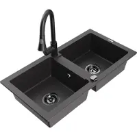 Mexen Mario 2-Becken-Granitspüle mit Mischbatterie Elia, Schwarz gesprenkelt - 6504-76-670101-70-B