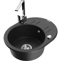 Mexen Kevin 1 Becken-Granitspüle mit Abtropffläche und Mischbatterie Rita, Schwarz/Silber - 6517-73-670300-00