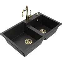 Mexen Tomas 2-Becken-Granitspüle mit Mischbatterie Carla, Schwarz/Gold metallisch - 6516-75-670700-50
