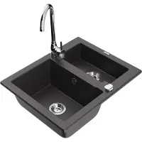 Mexen Carlos 1,5-Becken-Granitspüle mit Mischbatterie Telma, Schwarz gesprenkelt - 6518-76-670200-00