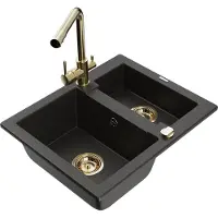 Mexen Carlos 1,5-Becken-Granitspüle mit Mischbatterie Duero, Schwarz/Gold metallisch - 6518-75-671600-50
