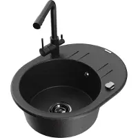 Mexen Kevin 1 Becken-Granitspüle mit Abtropffläche und Mischbatterie Duero, Schwarz/Silbermetallic - 6517-73-671600-70-B