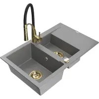 Mexen Gaspar 1,5-Becken-Granitspüle mit Abtropffläche und Mischbatterie Aster, Grau - 6507-71-73450-57-G