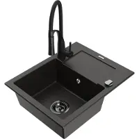 Mexen Enzo 1 Becken-Granitspüle mit Abtropffläche und Mischbatterie Aster, Schwarz/Gold metallisch - 6506-75-73450-70-B