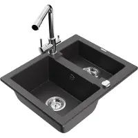 Mexen Carlos 1,5-Becken-Granitspüle mit Mischbatterie Duero, Schwarz gesprenkelt - 6518-76-671600-00