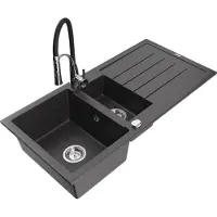Mexen Andres 1,5-Becken-Granitspüle mit Abtropffläche und Mischbatterie Aster, Schwarz gesprenkelt - 6515-76-73450-07