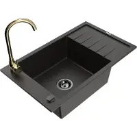 Mexen Elias 1 Becken-Granitspüle mit Abtropffläche und Mischbatterie Telma, Schwarz/Gold - 6511-75-670200-50-B