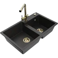 Mexen Tomas 2-Becken-Granitspüle mit Mischbatterie Duero, Schwarz/Silbermetallic - 6516-73-671600-50