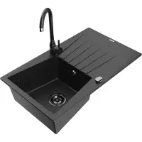 Mexen Cesar 1 Becken-Granitspüle mit Abtropffläche und Mischbatterie Telma, Schwarz/Silber - 6514-73-670200-70-B