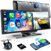 Podofo Kabelloses CarPlay-Autoradio – 9,3 Zoll – Dual-Bluetooth – AHD-Rückfahrkamera – 64-GB-SD-Karte