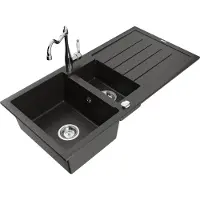 Mexen Andres 1,5-Becken-Granitspüle mit Abtropffläche und Mischbatterie Carla, Schwarz/Gold metallisch - 6515-75-670700-00