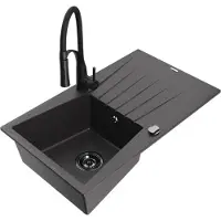 Mexen Cesar 1 Becken-Granitspüle mit Abtropffläche und Mischbatterie Aster, Schwarz gesprenkelt - 6514-76-73450-70-B
