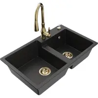 Mexen Tomas 2-Becken-Granitspüle mit Mischbatterie Savita, Schwarz/Silbermetallic - 6516-73-672601-50