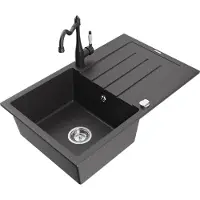 Mexen Bruno 1 Becken-Granitspüle mit Abtropffläche und Mischbatterie Carla, Schwarz gesprenkelt - 6513-76-670700-76