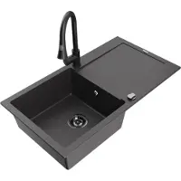 Mexen Leo 1 Becken-Granitspüle mit Abtropffläche und Mischbatterie Elia, Schwarz gesprenkelt - 6501-76-670101-70-B