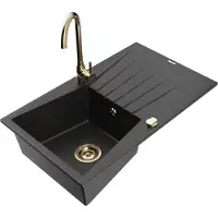 Mexen Cesar 1 Becken-Granitspüle mit Abtropffläche und Mischbatterie Telma, Schwarz/Silber - 6514-73-670200-50