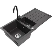 Mexen Andres 1,5-Becken-Granitspüle mit Abtropffläche und Mischbatterie Telma, Schwarz gesprenkelt - 6515-76-670200-70