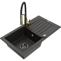 Mexen Pablo 1 Becken-Granitspüle mit Abtropffläche und Mischbatterie Aster, Schwarz/Gold metallisch - 6510-75-73450-57-B
