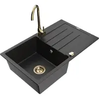 Mexen Bruno 1 Becken-Granitspüle mit Abtropffläche und Mischbatterie Telma, Schwarz/Silber - 6513-73-670200-50