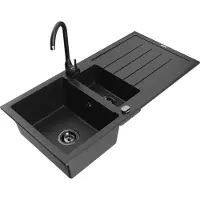 Mexen Andres 1,5-Becken-Granitspüle mit Abtropffläche und Mischbatterie Telma, Schwarz/Silber - 6515-73-670200-70-B