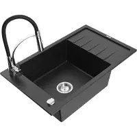 Mexen Elias 1 Becken-Granitspüle mit Abtropffläche und Mischbatterie Aster, Schwarz/Silbermetallic - 6511-73-73450-07