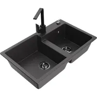 Mexen Tomas 2-Becken-Granitspüle mit Mischbatterie Rita, Schwarz gesprenkelt - 6516-76-670300-70-B