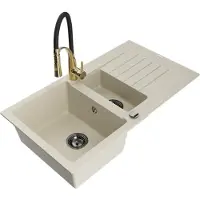 Mexen Matias 1,5-Becken-Granitspüle mit Abtropffläche und Mischbatterie Aster, Beige - 6502-69-73450-57-B