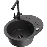 Mexen Kevin 1 Becken-Granitspüle mit Abtropffläche und Mischbatterie Duero, Schwarz gesprenkelt - 6517-76-671600-70-B
