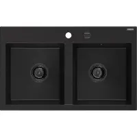 Mexen Hektor Granitspüle 2-Kammer 800 x 480 mm, schwarz, schwarzer Siphon - 6521802000-77-B