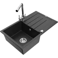Mexen Bruno 1 Becken-Granitspüle mit Abtropffläche und Mischbatterie Duero, Schwarz/Silbermetallic - 6513-73-671600-00