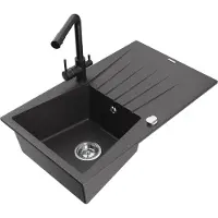 Mexen Cesar 1 Becken-Granitspüle mit Abtropffläche und Mischbatterie Duero, Schwarz gesprenkelt - 6514-76-671600-70