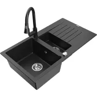 Mexen Matias 1,5-Becken-Granitspüle mit Abtropffläche und Mischbatterie Elia, Schwarz/Silbermetallic - 6502-73-670101-70