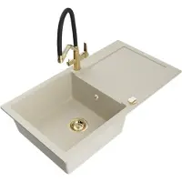 Mexen Leo 1 Becken-Granitspüle mit Abtropffläche und Mischbatterie Duo, Beige - 6501-69-671701-57-G