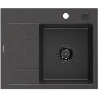 Mexen Ben Granitspüle 1-Becken mit Abtropffläche rechts 600 x 500 mm, schwarz gesprenkelt, schwarzer Siphon - 6523605000-76-B